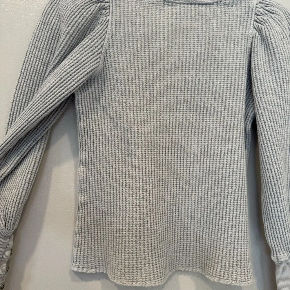 Free People Wesley Thermal Waffle Knit Top Puff Sleeves Blue Boho Women Small